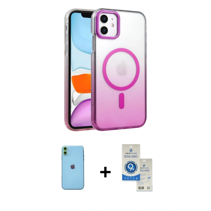 MARSİLYAN™- iPhone 11 Kılıf Ahenk Doku Özel Seri - Şeffaf Royal Nano Ekran Koruyucu + Neon Fosforlu Kamera Lens - YL