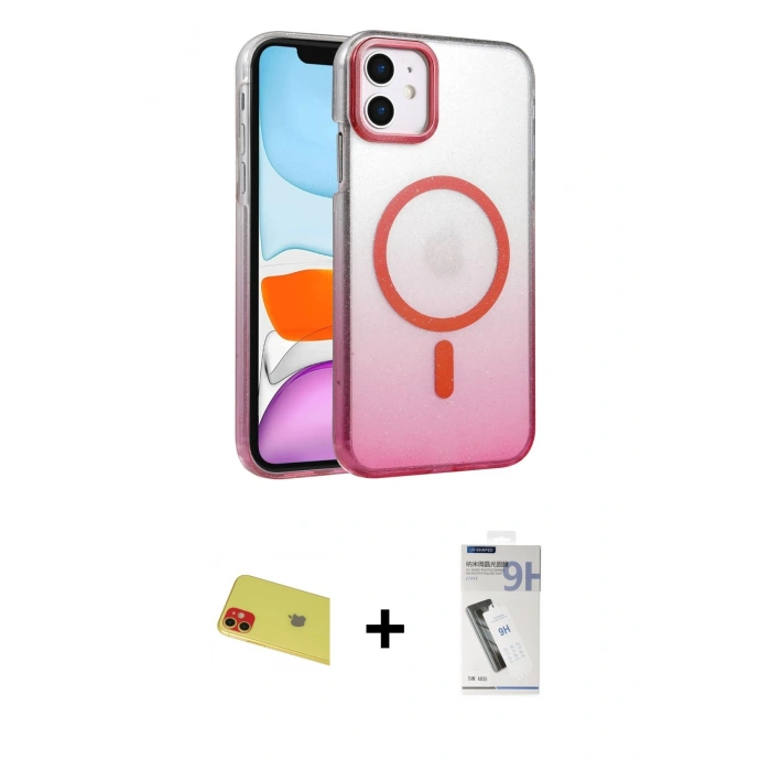 MARSİLYAN™- iPhone 11 Kılıf Ahenk Doku Özel Seri - Şeffaf Uv Polymer Nano Ekran Koruyucu + Rainbow Kamera Lens Koruma Cam - KI