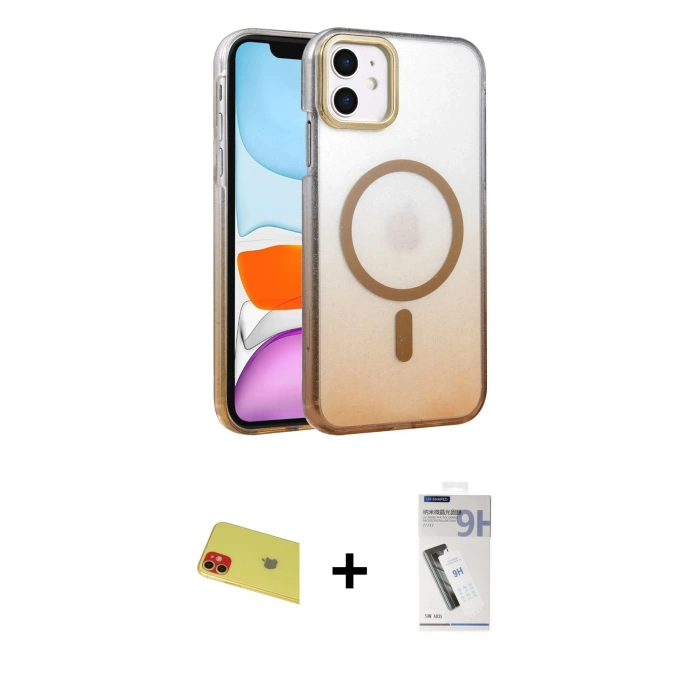 MARSİLYAN™- iPhone 11 Kılıf Ahenk Doku Özel Seri - Şeffaf Uv Polymer Nano Ekran Koruyucu + Rainbow Kamera Lens Koruma Cam - KI
