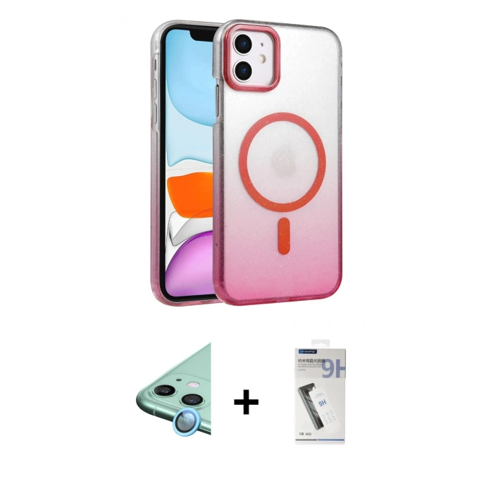 MARSİLYAN™- iPhone 11 Kılıf Ahenk Doku Özel Seri - Şeffaf Uv Polymer Nano Ekran Koruyucu + Mavi Raze Metal Kamera Lens