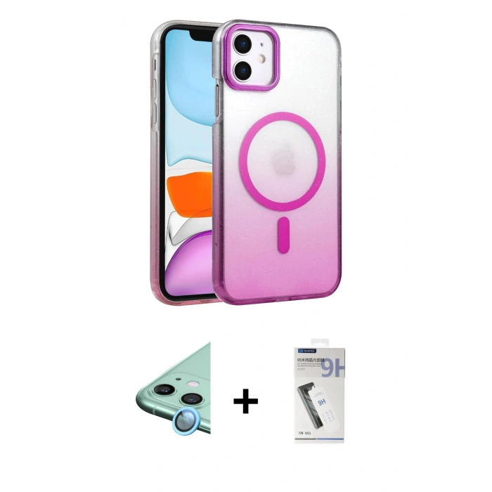 MARSİLYAN™- iPhone 11 Kılıf Ahenk Doku Özel Seri - Şeffaf Uv Polymer Nano Ekran Koruyucu + Mavi Raze Metal Kamera Lens