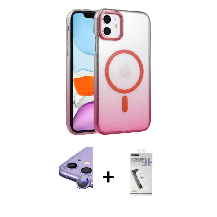 MARSİLYAN™- iPhone 11 Kılıf Ahenk Doku Özel Seri - Şeffaf Uv Polymer Nano Ekran Koruyucu + Mor Raze Metal Kamera Lens