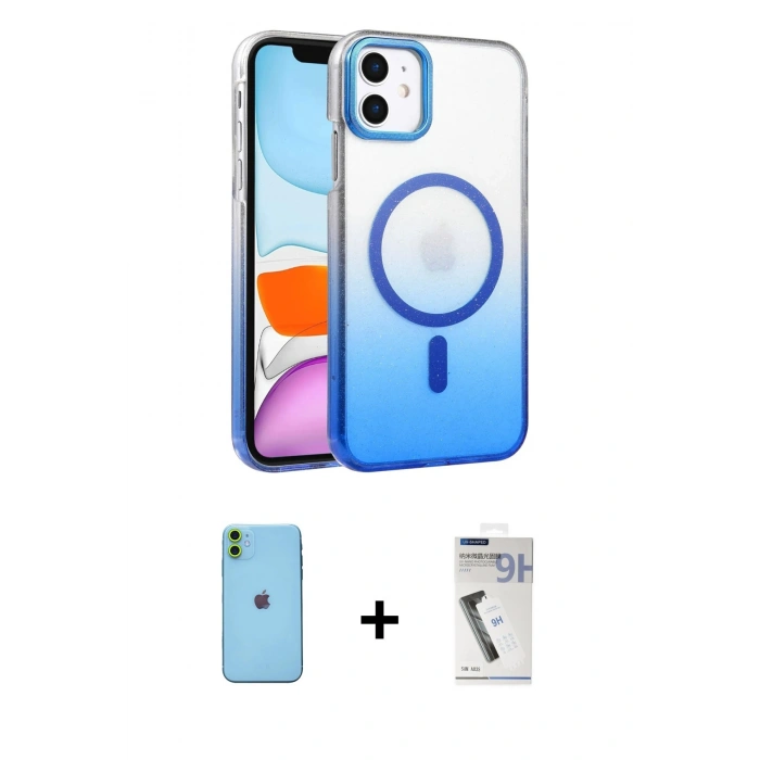 MARSİLYAN™- iPhone 11 Kılıf Ahenk Doku Özel Seri - Şeffaf Uv Polymer Nano Ekran Koruyucu + Neon Fosforlu Kamera Lens - YL