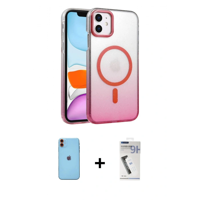 MARSİLYAN™- iPhone 11 Kılıf Ahenk Doku Özel Seri - Şeffaf Uv Polymer Nano Ekran Koruyucu + Neon Fosforlu Kamera Lens - TU