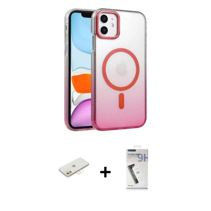 MARSİLYAN™- iPhone 11 Kılıf Ahenk Doku Özel Seri - Şeffaf Uv Polymer Nano Ekran Koruyucu + Renkli Kamera Lens Koruma Cam - SI
