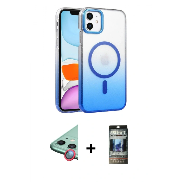 MARSİLYAN™- iPhone 11 Kılıf Ahenk Doku Özel Seri - Siyah 34D Hayalet Izgaralı Cam + Raze Metal Kamera Lens - KI