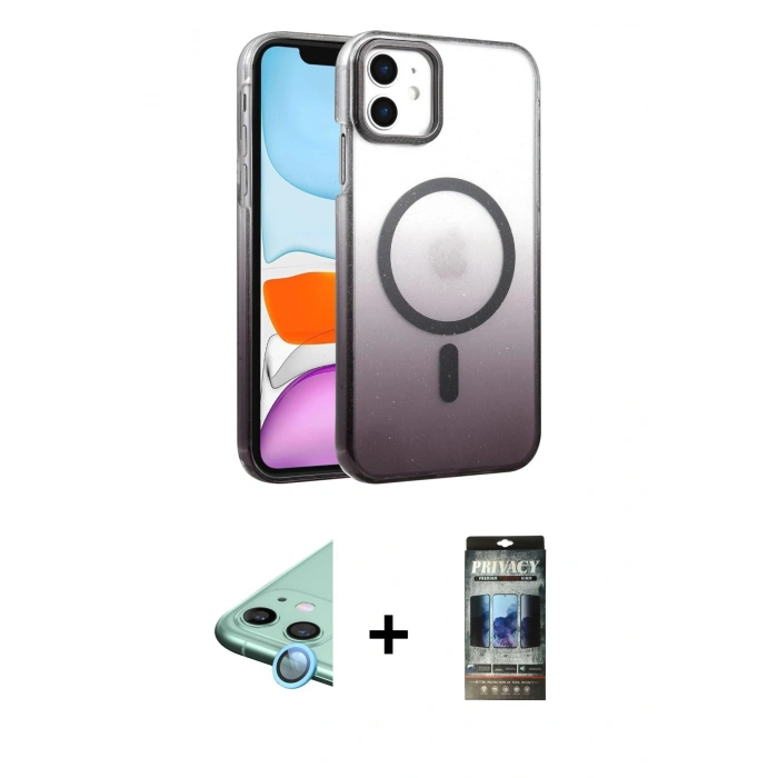 MARSİLYAN™- iPhone 11 Kılıf Ahenk Doku Özel Seri - Siyah 34D Hayalet Izgaralı Cam + Raze Metal Kamera Lens - MI
