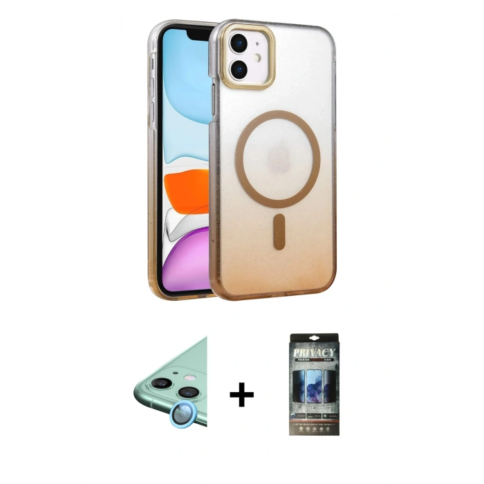 MARSİLYAN™- iPhone 11 Kılıf Ahenk Doku Özel Seri - Siyah 34D Hayalet Izgaralı Cam + Raze Metal Kamera Lens - MI