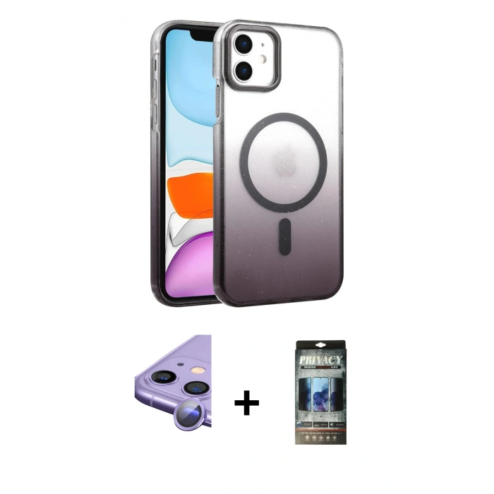 MARSİLYAN™- iPhone 11 Kılıf Ahenk Doku Özel Seri - Siyah 34D Hayalet Izgaralı Cam + Raze Metal Kamera Lens - MR