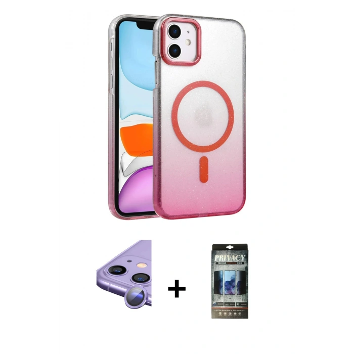MARSİLYAN™- iPhone 11 Kılıf Ahenk Doku Özel Seri - Siyah 34D Hayalet Izgaralı Cam + Raze Metal Kamera Lens - MR
