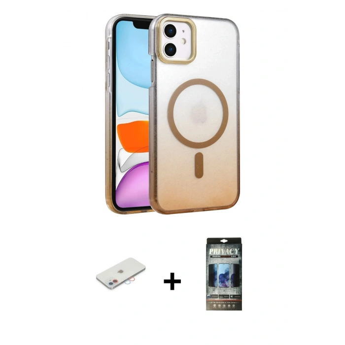 MARSİLYAN™- iPhone 11 Kılıf Ahenk Doku Özel Seri - Siyah 34D Hayalet Izgaralı Cam + Renkli Kamera Lens Koruma Cam - PE