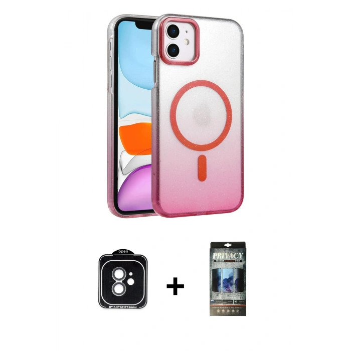 MARSİLYAN™- iPhone 11 Kılıf Ahenk Doku Özel Seri - Siyah 34D Hayalet Izgaralı Cam + PVD Metal Kamera Lens - YL