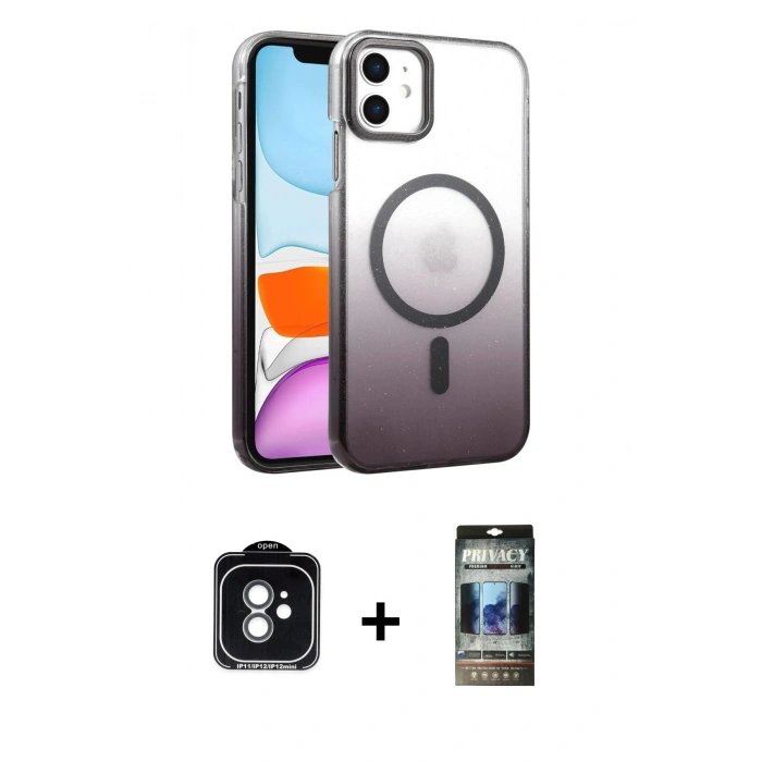 MARSİLYAN™- iPhone 11 Kılıf Ahenk Doku Özel Seri - Siyah 34D Hayalet Izgaralı Cam + PVD Metal Kamera Lens - YL