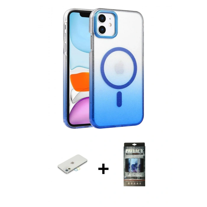 MARSİLYAN™- iPhone 11 Kılıf Ahenk Doku Özel Seri - Siyah 34D Hayalet Izgaralı Cam + Renkli Kamera Lens Koruma Cam - SI