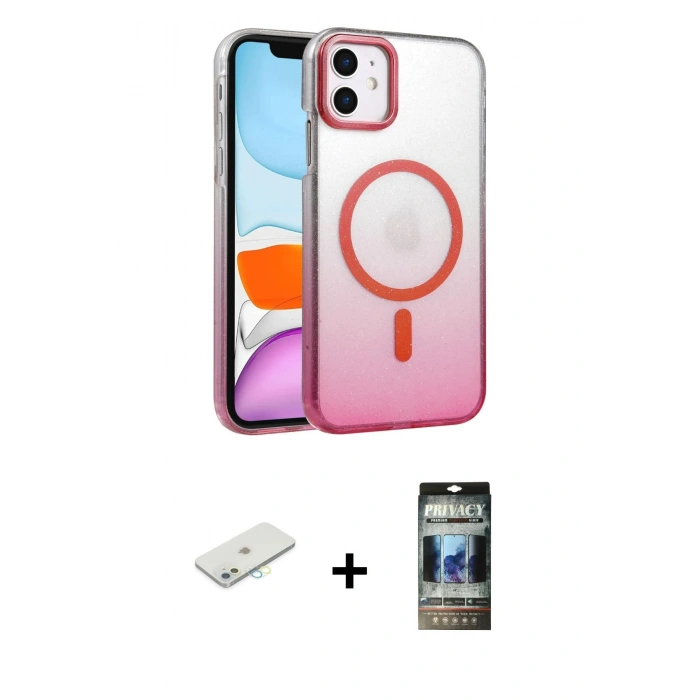 MARSİLYAN™- iPhone 11 Kılıf Ahenk Doku Özel Seri - Siyah 34D Hayalet Izgaralı Cam + Renkli Kamera Lens Koruma Cam - SI