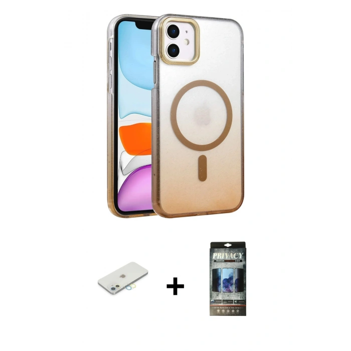 MARSİLYAN™- iPhone 11 Kılıf Ahenk Doku Özel Seri - Siyah 34D Hayalet Izgaralı Cam + Renkli Kamera Lens Koruma Cam - SI