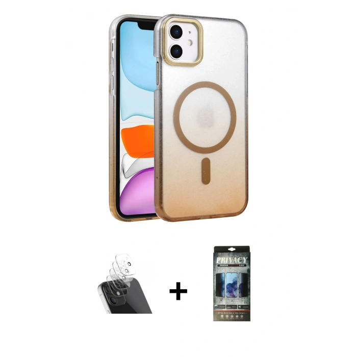 MARSİLYAN™- iPhone 11 Kılıf Ahenk Doku Özel Seri - Siyah 34D Hayalet Izgaralı Cam + Şeffaf Kamera Lens Koruma Cam