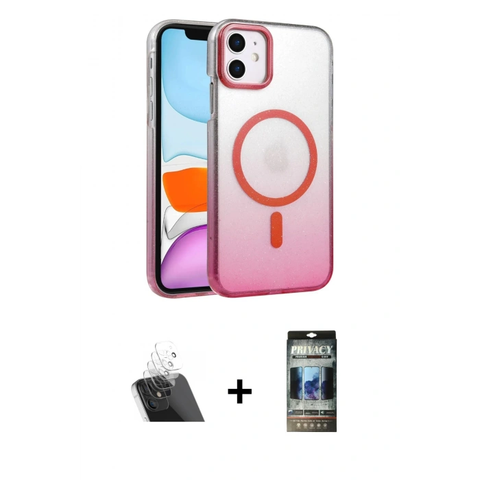 MARSİLYAN™- iPhone 11 Kılıf Ahenk Doku Özel Seri - Siyah 34D Hayalet Izgaralı Cam + Şeffaf Kamera Lens Koruma Cam