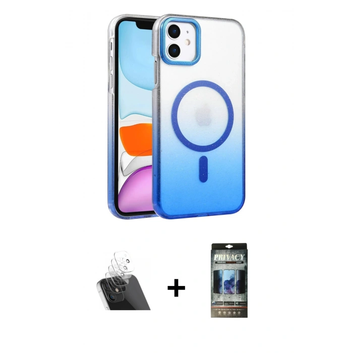 MARSİLYAN™- iPhone 11 Kılıf Ahenk Doku Özel Seri - Siyah 34D Hayalet Izgaralı Cam + Şeffaf Kamera Lens Koruma Cam