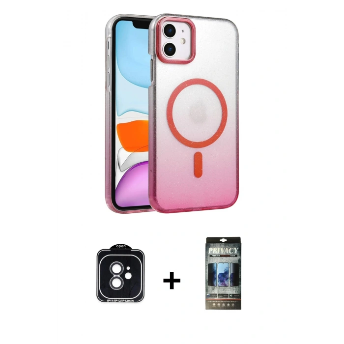MARSİLYAN™- iPhone 11 Kılıf Ahenk Doku Özel Seri - Siyah 34D Hayalet Izgaralı Cam + PVD Metal Kamera Lens - SH