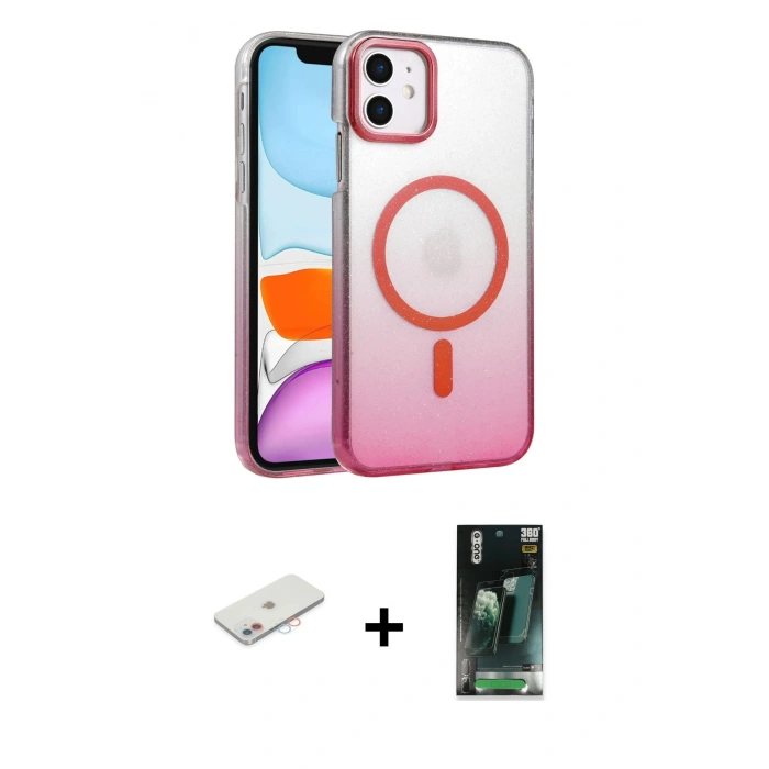 MARSİLYAN™- iPhone 11 Kılıf Ahenk Doku Özel Seri - Siyah 360 Mat Full Body Arka Koruyucu + Pembe Renkli Kamera Lens Koruma Cam