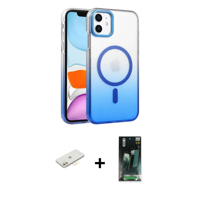 MARSİLYAN™- iPhone 11 Kılıf Ahenk Doku Özel Seri - Siyah 360 Mat Full Body Arka Koruyucu + Renkli Kamera Lens Koruma Cam - SI