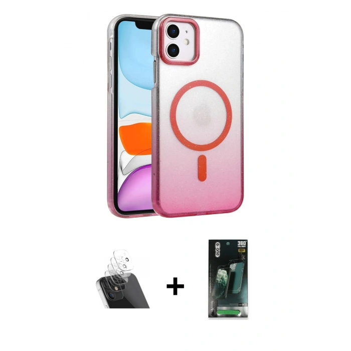 MARSİLYAN™- iPhone 11 Kılıf Ahenk Doku Özel Seri - Siyah 360 Mat Full Body Arka Koruyucu + Şeffaf Kamera Lens Koruma Cam