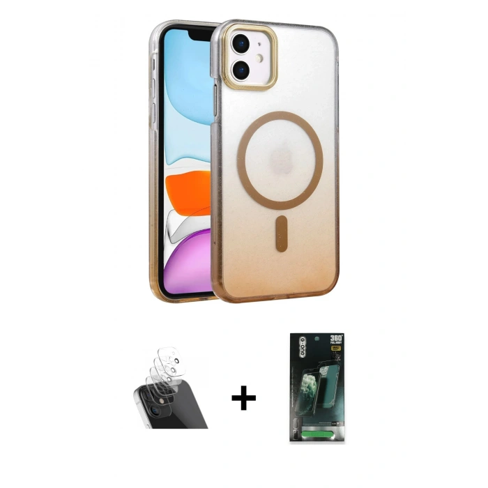 MARSİLYAN™- iPhone 11 Kılıf Ahenk Doku Özel Seri - Siyah 360 Mat Full Body Arka Koruyucu + Şeffaf Kamera Lens Koruma Cam
