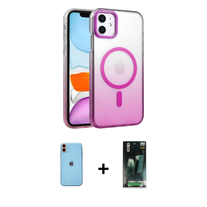 MARSİLYAN™- iPhone 11 Kılıf Ahenk Doku Özel Seri - Siyah 360 Mat Full Body Arka Koruyucu + Neon Fosforlu Kamera Lens - TU