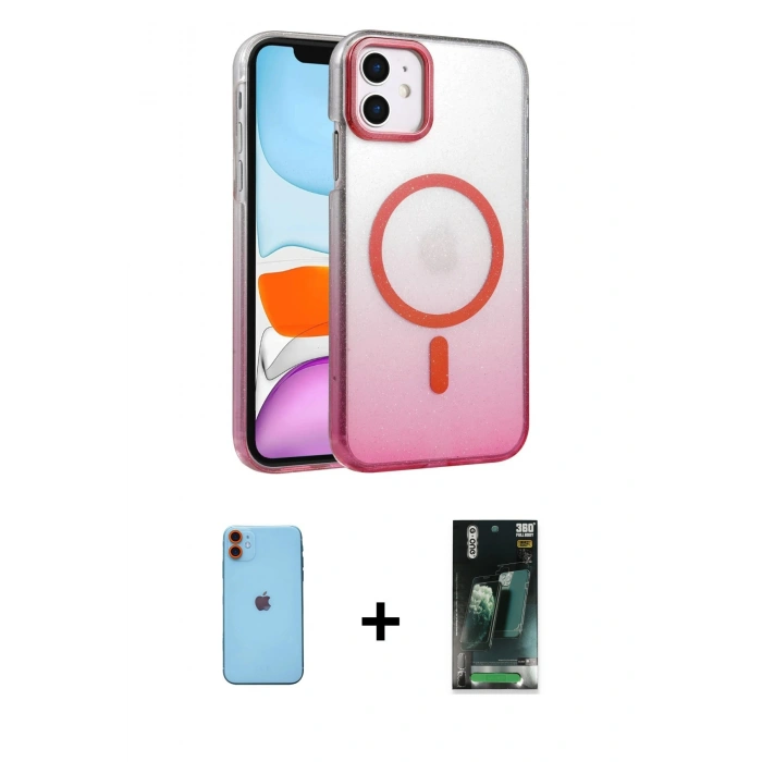 MARSİLYAN™- iPhone 11 Kılıf Ahenk Doku Özel Seri - Siyah 360 Mat Full Body Arka Koruyucu + Neon Fosforlu Kamera Lens - TU