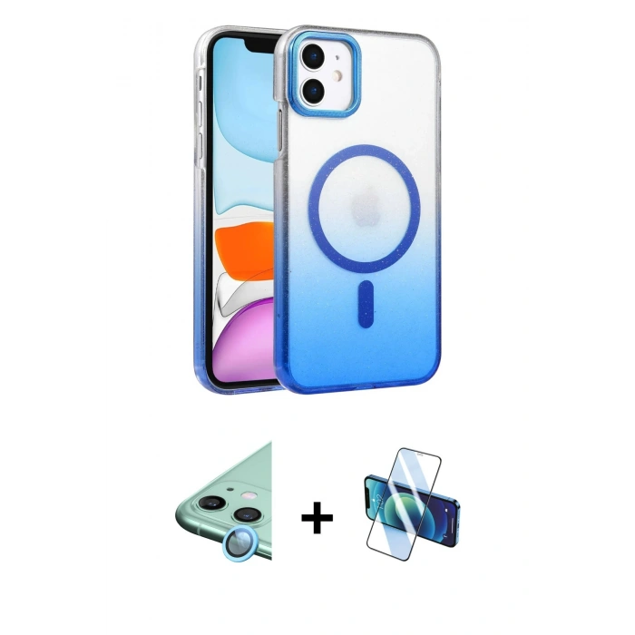 MARSİLYAN™- iPhone 11 Kılıf Ahenk Doku Özel Seri - Siyah 3D Antistatik Cam Ekran Koruyucu + Mavi Raze Metal Kamera Lens