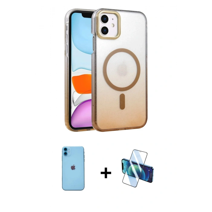MARSİLYAN™- iPhone 11 Kılıf Ahenk Doku Özel Seri - Siyah 3D Antistatik Cam Ekran Koruyucu + Neon Fosforlu Kamera Lens - MI