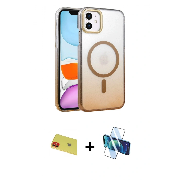 MARSİLYAN™- iPhone 11 Kılıf Ahenk Doku Özel Seri - Siyah 3D Antistatik Cam Ekran Koruyucu + Rainbow Kamera Lens Koruma Cam - KI