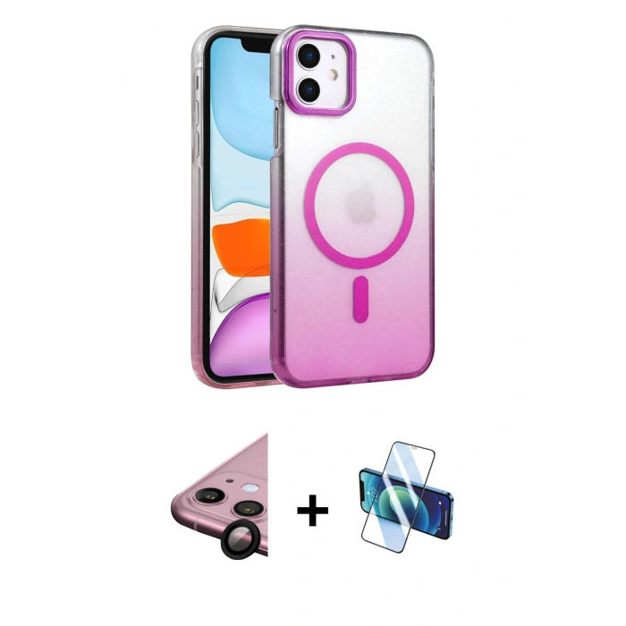 MARSİLYAN™- iPhone 11 Kılıf Ahenk Doku Özel Seri - Siyah 3D Antistatik Cam Ekran Koruyucu + Raze Metal Kamera Lens - SH