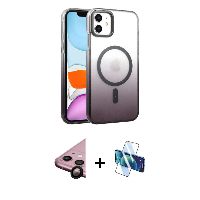 MARSİLYAN™- iPhone 11 Kılıf Ahenk Doku Özel Seri - Siyah 3D Antistatik Cam Ekran Koruyucu + Raze Metal Kamera Lens - SH