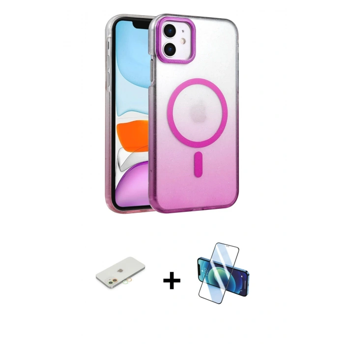 MARSİLYAN™- iPhone 11 Kılıf Ahenk Doku Özel Seri - Siyah 3D Antistatik Cam Ekran Koruyucu + Renkli Kamera Lens Koruma Cam - TU