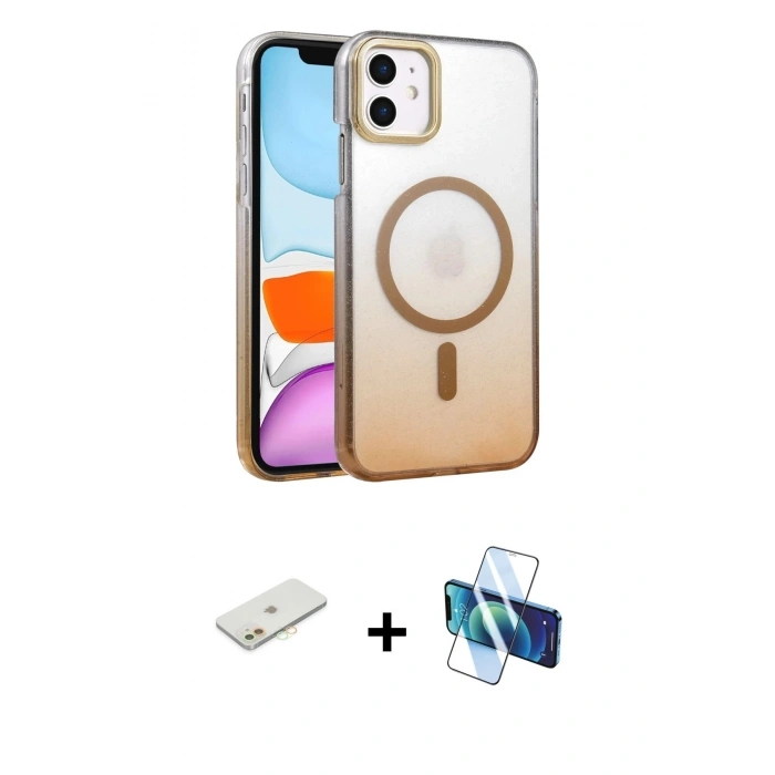 MARSİLYAN™- iPhone 11 Kılıf Ahenk Doku Özel Seri - Siyah 3D Antistatik Cam Ekran Koruyucu + Renkli Kamera Lens Koruma Cam - TU