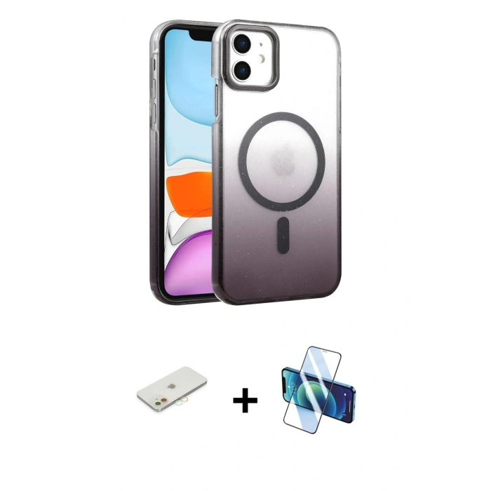 MARSİLYAN™- iPhone 11 Kılıf Ahenk Doku Özel Seri - Siyah 3D Antistatik Cam Ekran Koruyucu + Renkli Kamera Lens Koruma Cam - TU