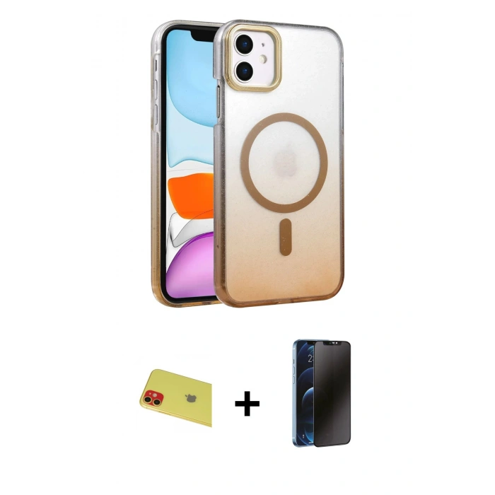 MARSİLYAN™- iPhone 11 Kılıf Ahenk Doku Özel Seri - Siyah 3D Antistatik Hayalet Cam Ekran Koruyucu + Rainbow Kamera Lens Koruma Cam - KI