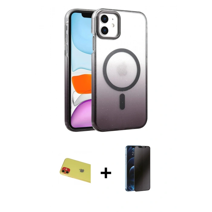 MARSİLYAN™- iPhone 11 Kılıf Ahenk Doku Özel Seri - Siyah 3D Antistatik Hayalet Cam Ekran Koruyucu + Rainbow Kamera Lens Koruma Cam - KI