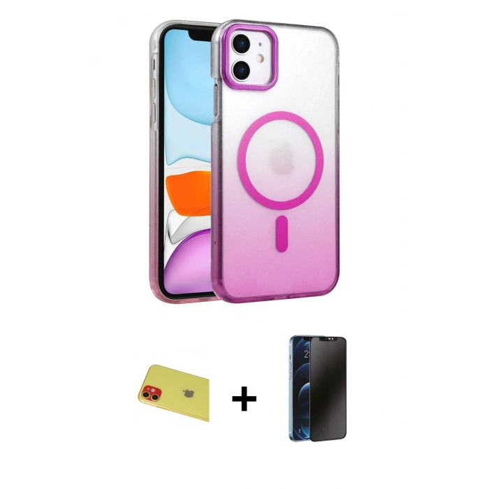 MARSİLYAN™- iPhone 11 Kılıf Ahenk Doku Özel Seri - Siyah 3D Antistatik Hayalet Cam Ekran Koruyucu + Rainbow Kamera Lens Koruma Cam - KI