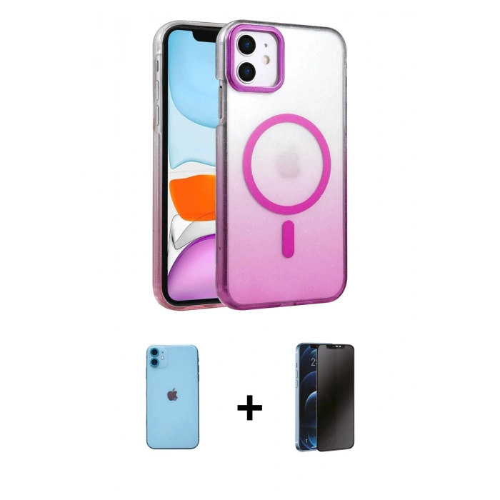 MARSİLYAN™- iPhone 11 Kılıf Ahenk Doku Özel Seri - Siyah 3D Antistatik Hayalet Cam Ekran Koruyucu + Neon Fosforlu Kamera Lens - MI