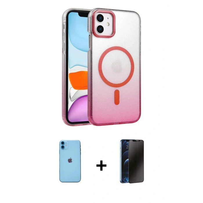 MARSİLYAN™- iPhone 11 Kılıf Ahenk Doku Özel Seri - Siyah 3D Antistatik Hayalet Cam Ekran Koruyucu + Neon Fosforlu Kamera Lens - MI