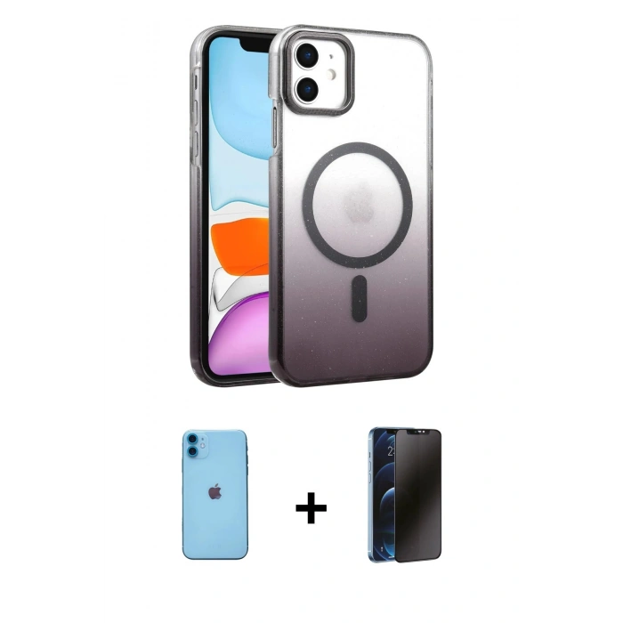 MARSİLYAN™- iPhone 11 Kılıf Ahenk Doku Özel Seri - Siyah 3D Antistatik Hayalet Cam Ekran Koruyucu + Neon Fosforlu Kamera Lens - MI