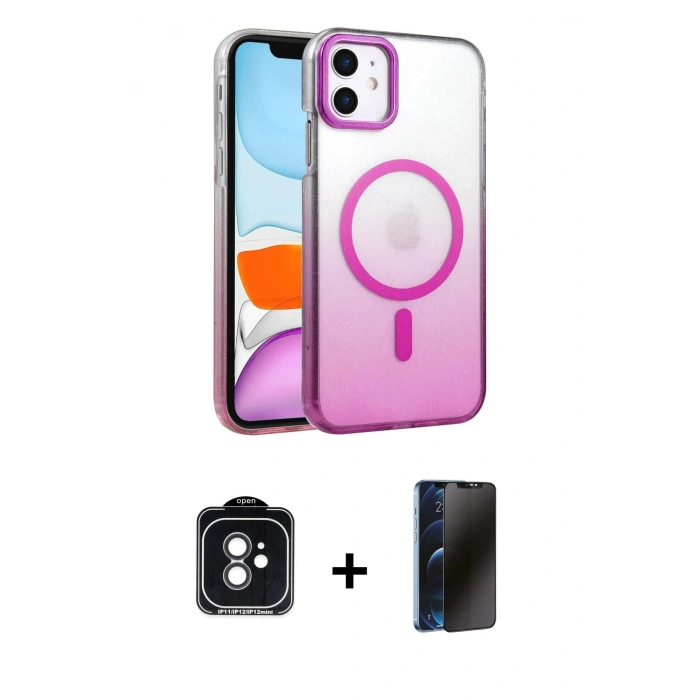 MARSİLYAN™- iPhone 11 Kılıf Ahenk Doku Özel Seri - Siyah 3D Antistatik Hayalet Cam Ekran Koruyucu + PVD Metal Kamera Lens - SH