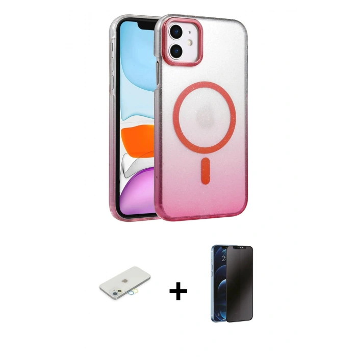MARSİLYAN™- iPhone 11 Kılıf Ahenk Doku Özel Seri - Siyah 3D Antistatik Hayalet Cam Ekran Koruyucu + Renkli Kamera Lens Koruma Cam - SI