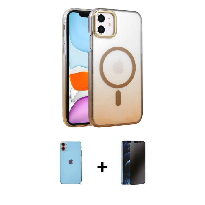 MARSİLYAN™- iPhone 11 Kılıf Ahenk Doku Özel Seri - Siyah 3D Antistatik Hayalet Cam Ekran Koruyucu + Neon Fosforlu Kamera Lens - TU