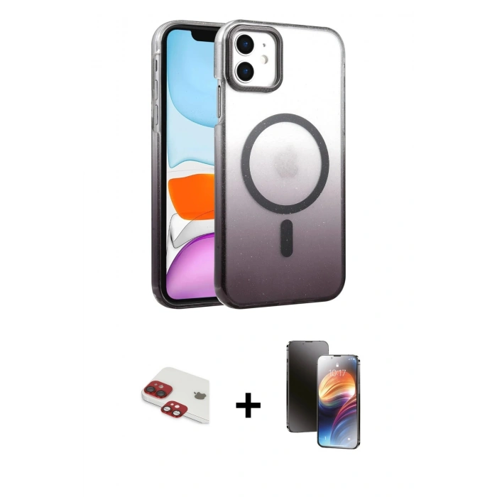 MARSİLYAN™- iPhone 11 Kılıf Ahenk Doku Özel Seri - Siyah 3D Antistatik Mat Seramik Nano Ekran Koruyucu + Pers Alüminyum Kamera Lens - KI
