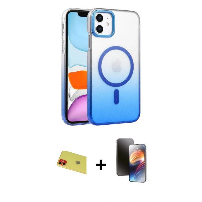MARSİLYAN™- iPhone 11 Kılıf Ahenk Doku Özel Seri - Siyah 3D Antistatik Mat Seramik Nano Ekran Koruyucu + Rainbow Kamera Lens Koruma Cam - KI