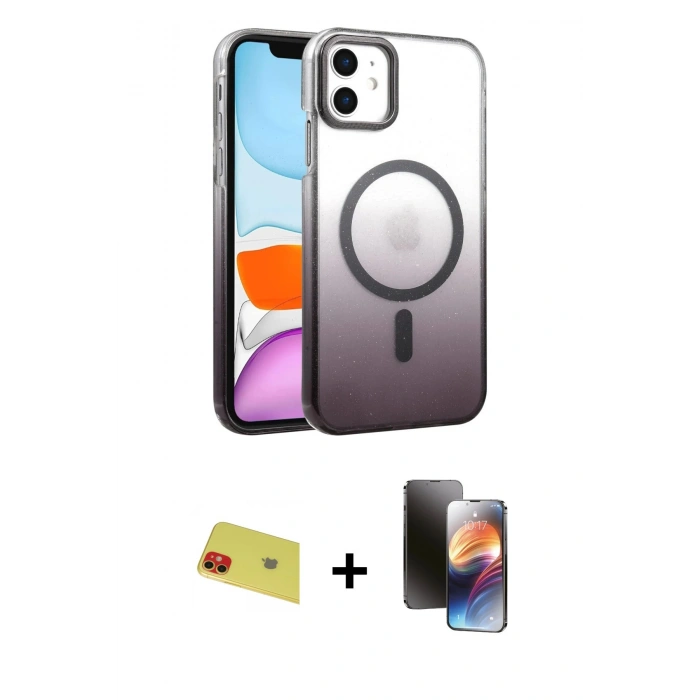 MARSİLYAN™- iPhone 11 Kılıf Ahenk Doku Özel Seri - Siyah 3D Antistatik Mat Seramik Nano Ekran Koruyucu + Rainbow Kamera Lens Koruma Cam - KI